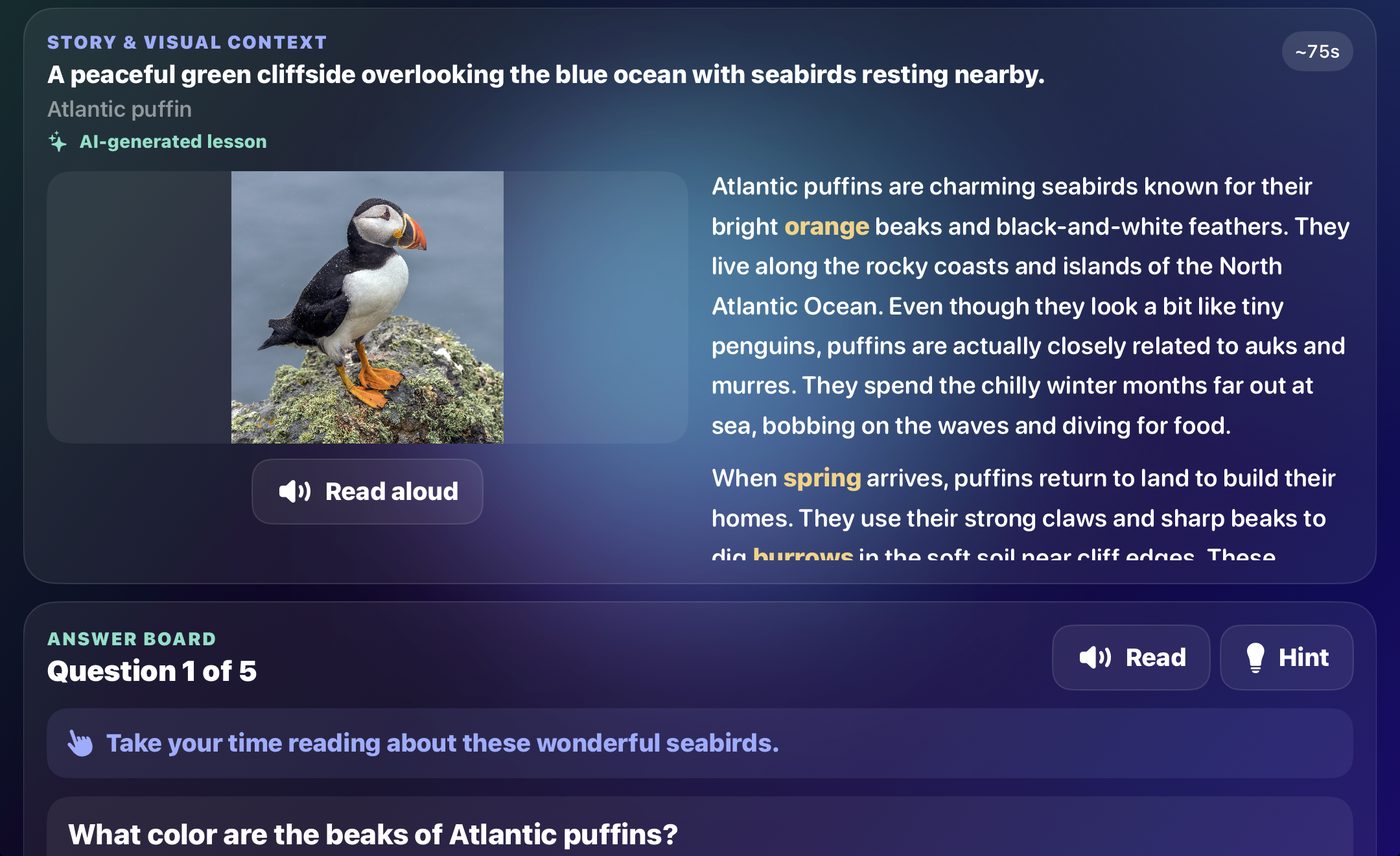 A SteadyTouch lesson on iPad about the Atlantic puffin. A photograph of a puffin on a green clifftop sits beside the story, with the word orange highlighted in the passage, a Read aloud button, and an answer board below asking What color are the beaks of Atlantic puffins?